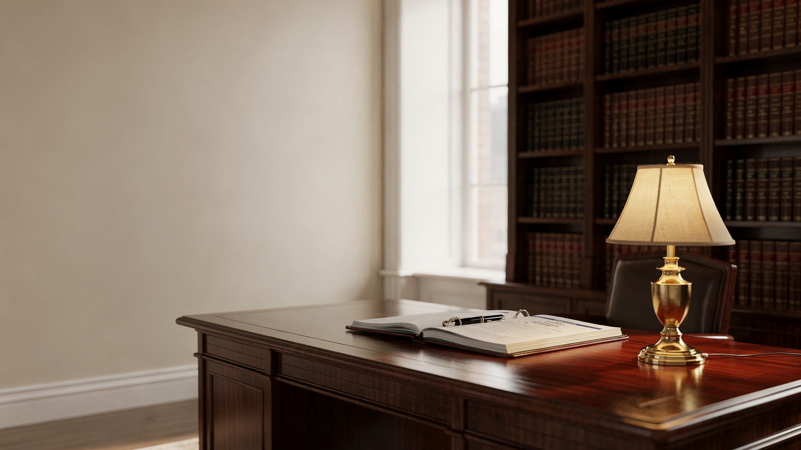 A warm study with a walnut desk, brass lamp, and shelves of legal volumes