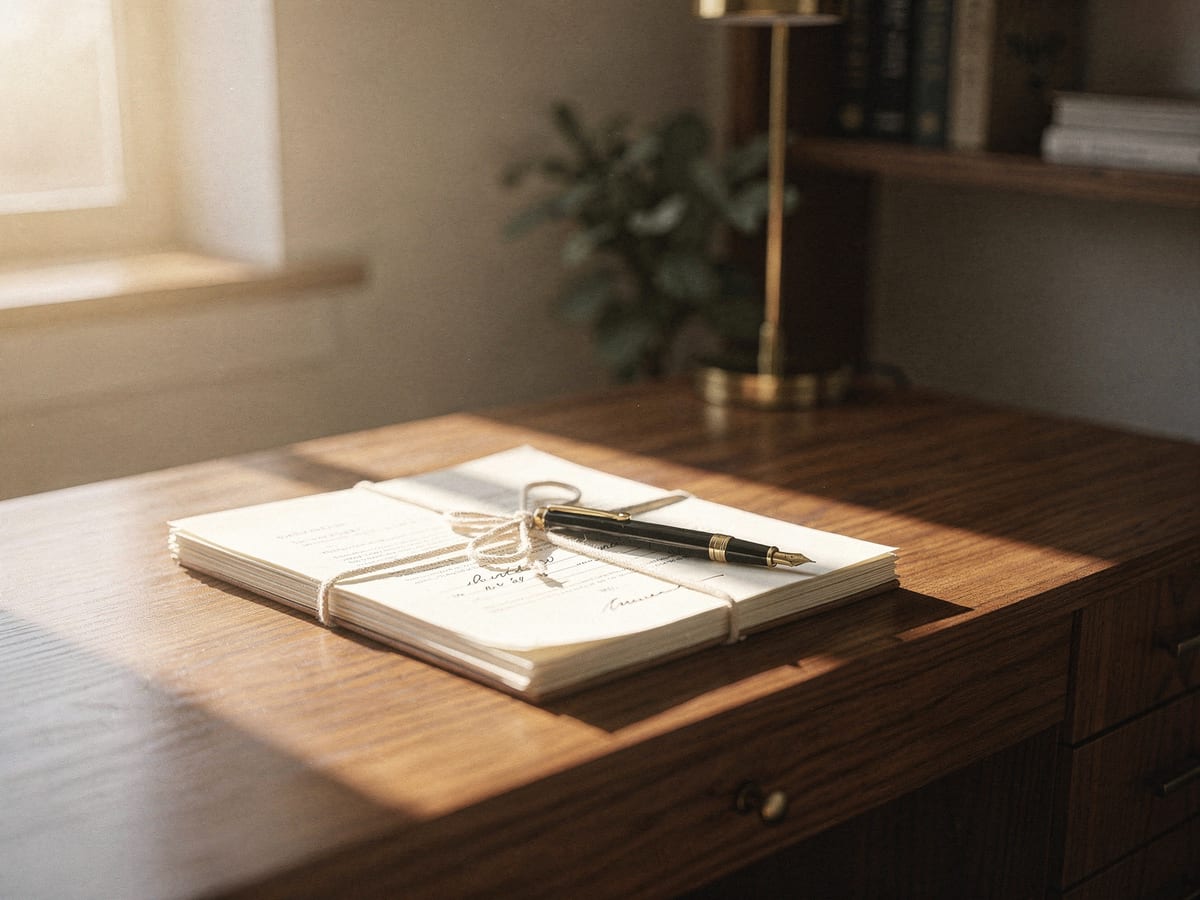 A tied stack of estate documents with a fountain pen in warm window light